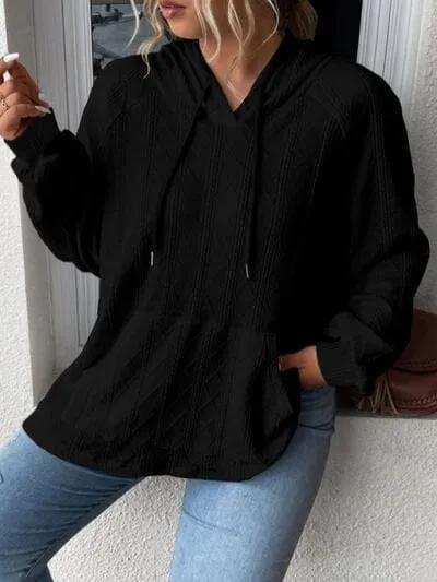 Textured Drawstring Kangaroo Pocket Hoodie - Trendsi - Flyclothing LLC