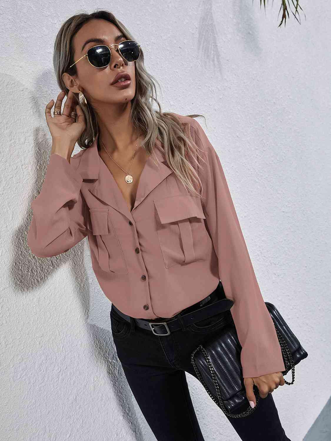 Collared Neck Button Down Shirt - Trendsi