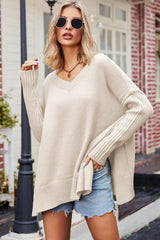 V-Neck Dropped Shoulder Ribbed Long Sleeve Sweater - Trendsi - Flyclothing LLC