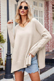 V-Neck Dropped Shoulder Ribbed Long Sleeve Sweater - Trendsi - Flyclothing LLC
