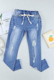 Drawstring Distressed Raw Hem Jeans with Pockets - Trendsi