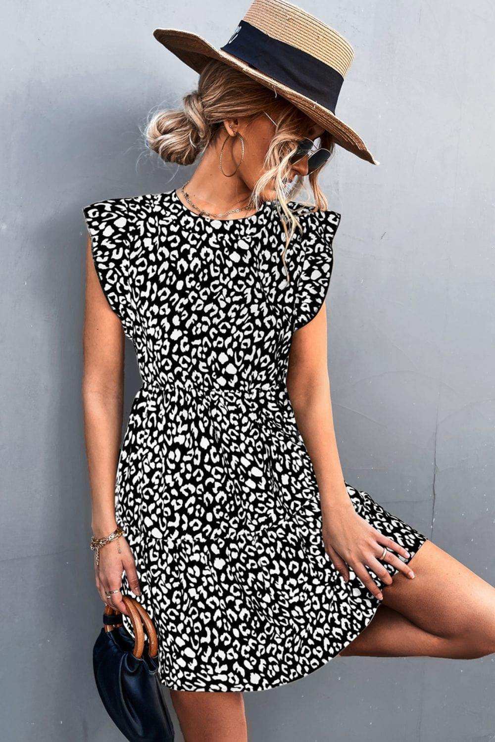 Leopard Round Neck Mini Dress - Trendsi - Flyclothing LLC