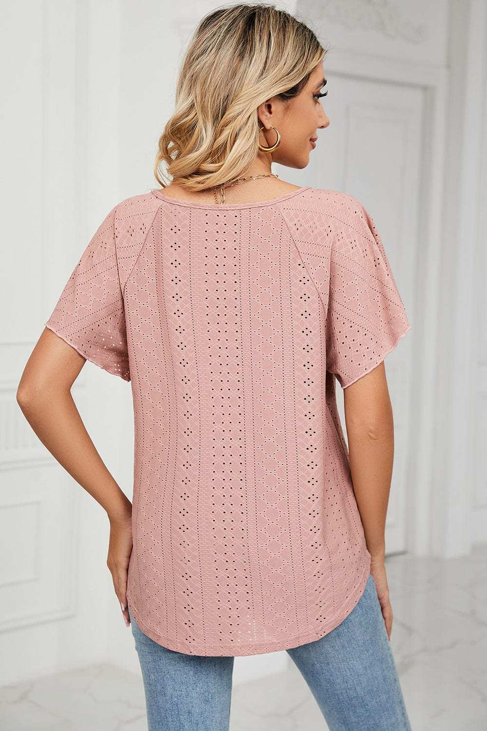 Eyelet Tie Neck Flutter Sleeve Blouse - Trendsi - Flyclothing LLC