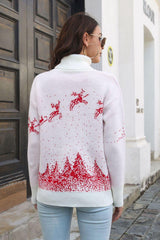 Reindeer & Snow Pattern Turtle Neck Pullover Sweater - Trendsi