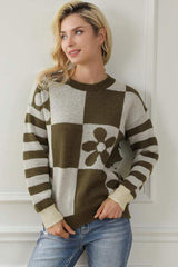 Contrast Round Neck Long Sleeve Sweater - Trendsi - Flyclothing LLC