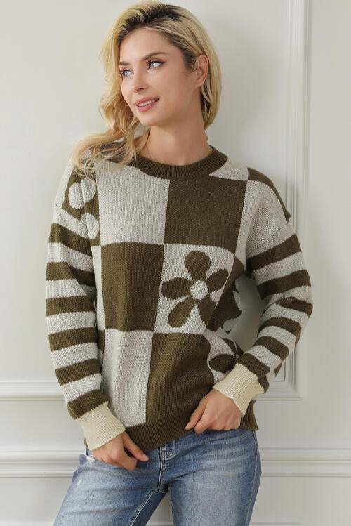 Contrast Round Neck Long Sleeve Sweater - Trendsi - Flyclothing LLC