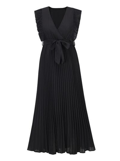 Tied Surplice Cap Sleeve Pleated Dress - Trendsi