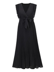 Tied Surplice Cap Sleeve Pleated Dress - Trendsi