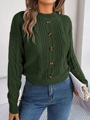 Cable-Knit Buttoned Round Neck Sweater - Trendsi