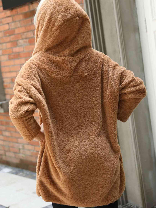 Open Front Hooded Teddy Coat - Trendsi