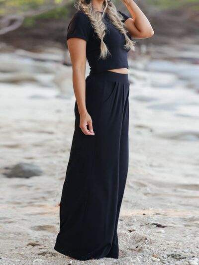 Round Neck Short Sleeve Top and Pocketed Pants Set - Trendsi - Flyclothing LLC