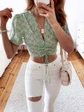 Floral Drawstring Deep V Cropped Blouse - Trendsi - Flyclothing LLC