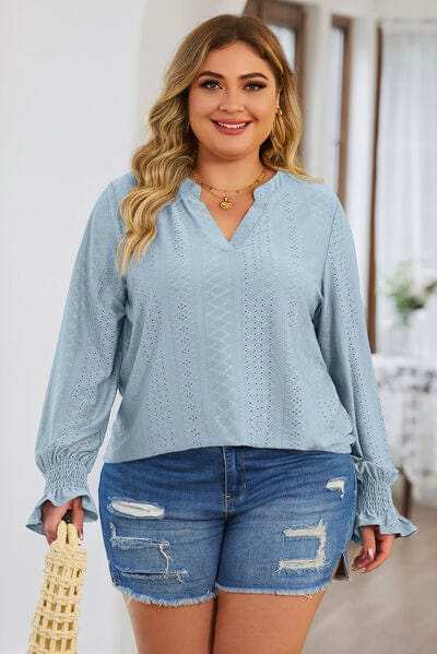 Plus Size Eyelet Notched Flounce Sleeve Blouse - Trendsi - Flyclothing LLC