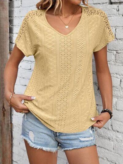 Eyelet V-Neck Short Sleeve T-Shirt - Trendsi
