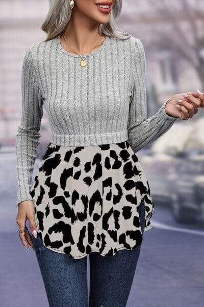 Leopard Peplum Round Neck Blouse - Trendsi - Flyclothing LLC