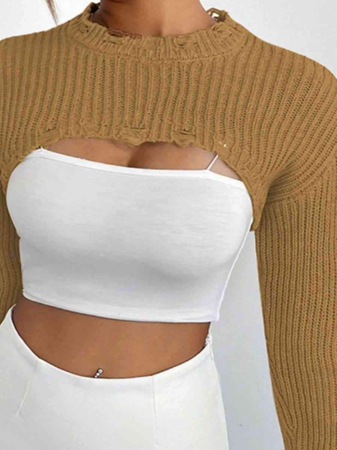 Distressed Long Sleeve Cropped Sweater - Trendsi - Flyclothing LLC