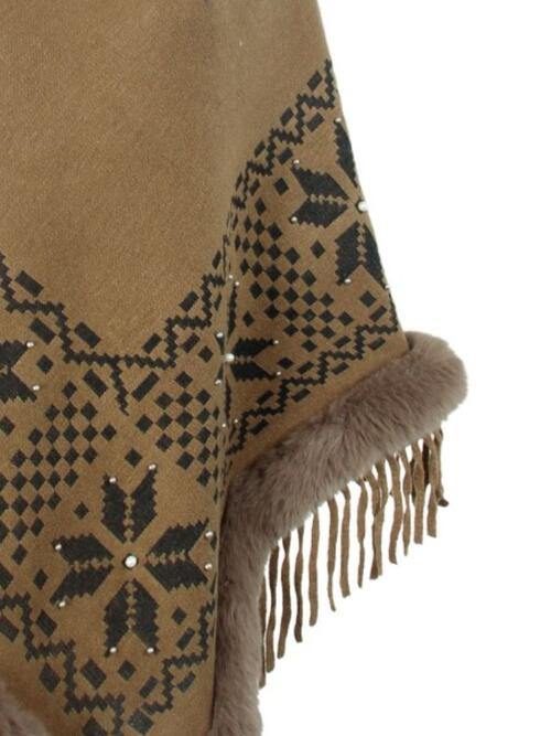 Fringe Geometric Cape Sleeve Poncho - Trendsi