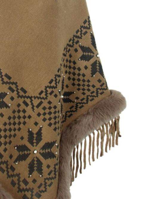 Fringe Geometric Cape Sleeve Poncho - Trendsi - Flyclothing LLC