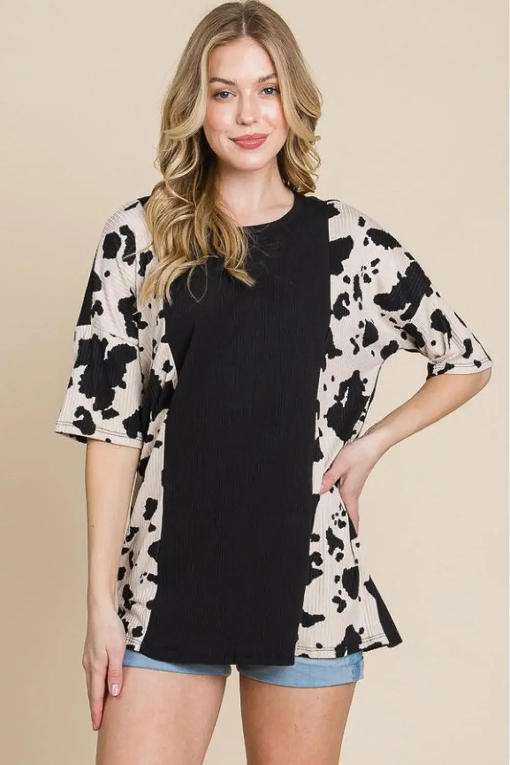 BOMBOM Rodeo Love Ribbed Animal Contrast Tee - Trendsi - Flyclothing LLC