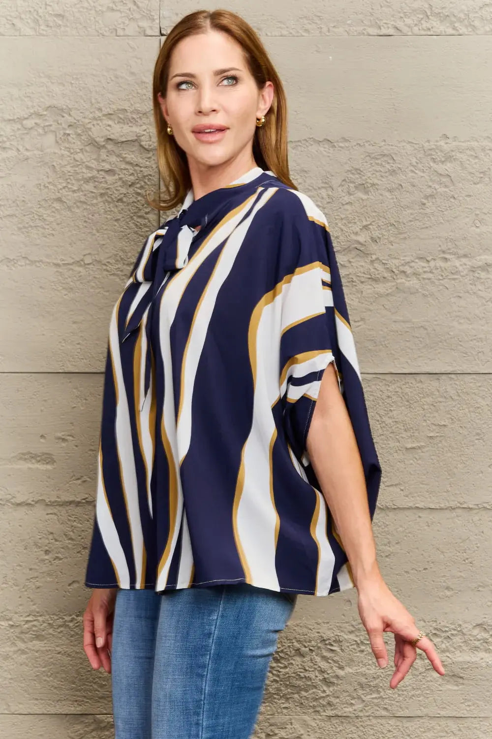 Tie Neck Printed Slit Sleeve Blouse - Trendsi - Flyclothing LLC