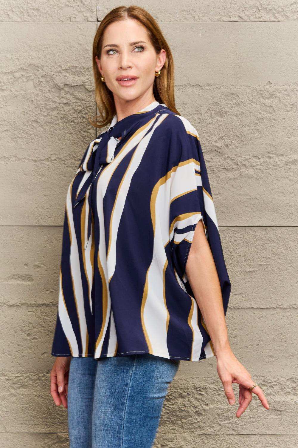 Tie Neck Printed Slit Sleeve Blouse - Trendsi - Flyclothing LLC