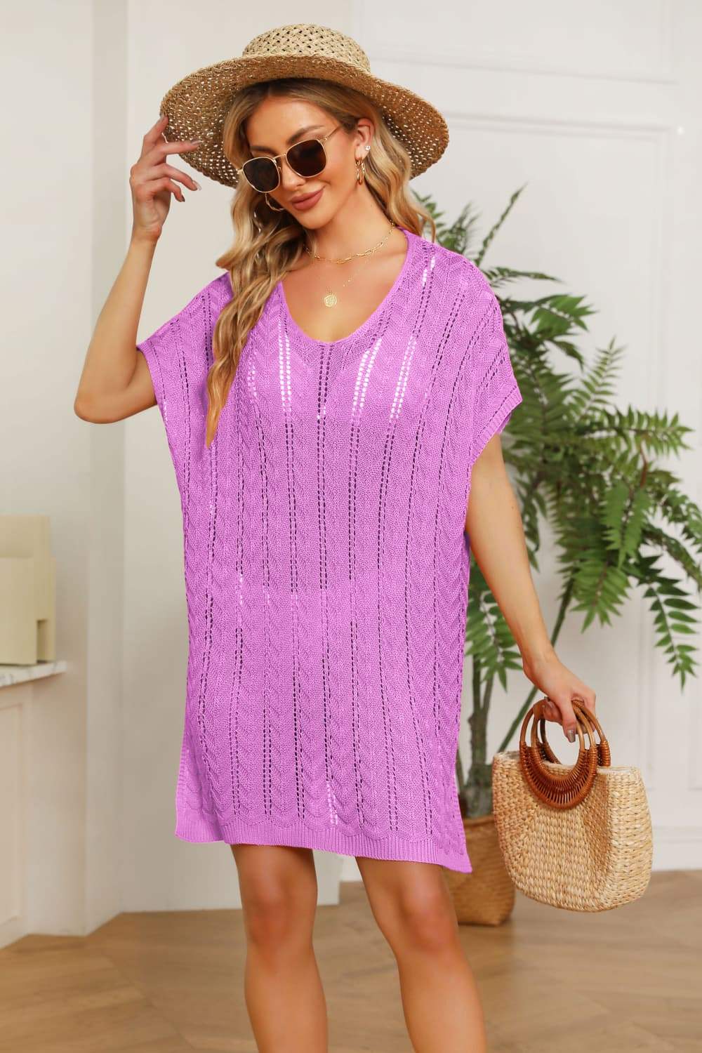 Openwork Side Slit Knit Dress - Trendsi - Flyclothing LLC