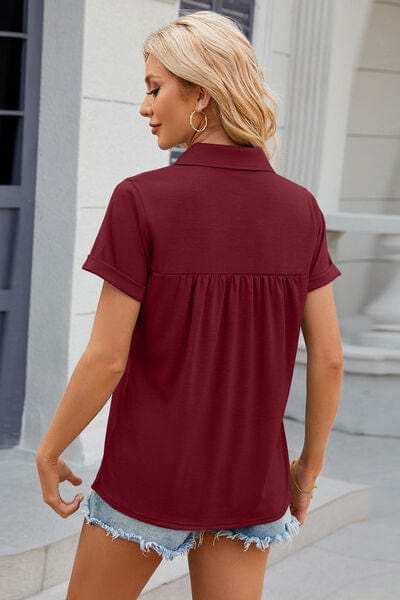 Ruched Johnny Collar Short Sleeve Blouse - Trendsi - Flyclothing LLC