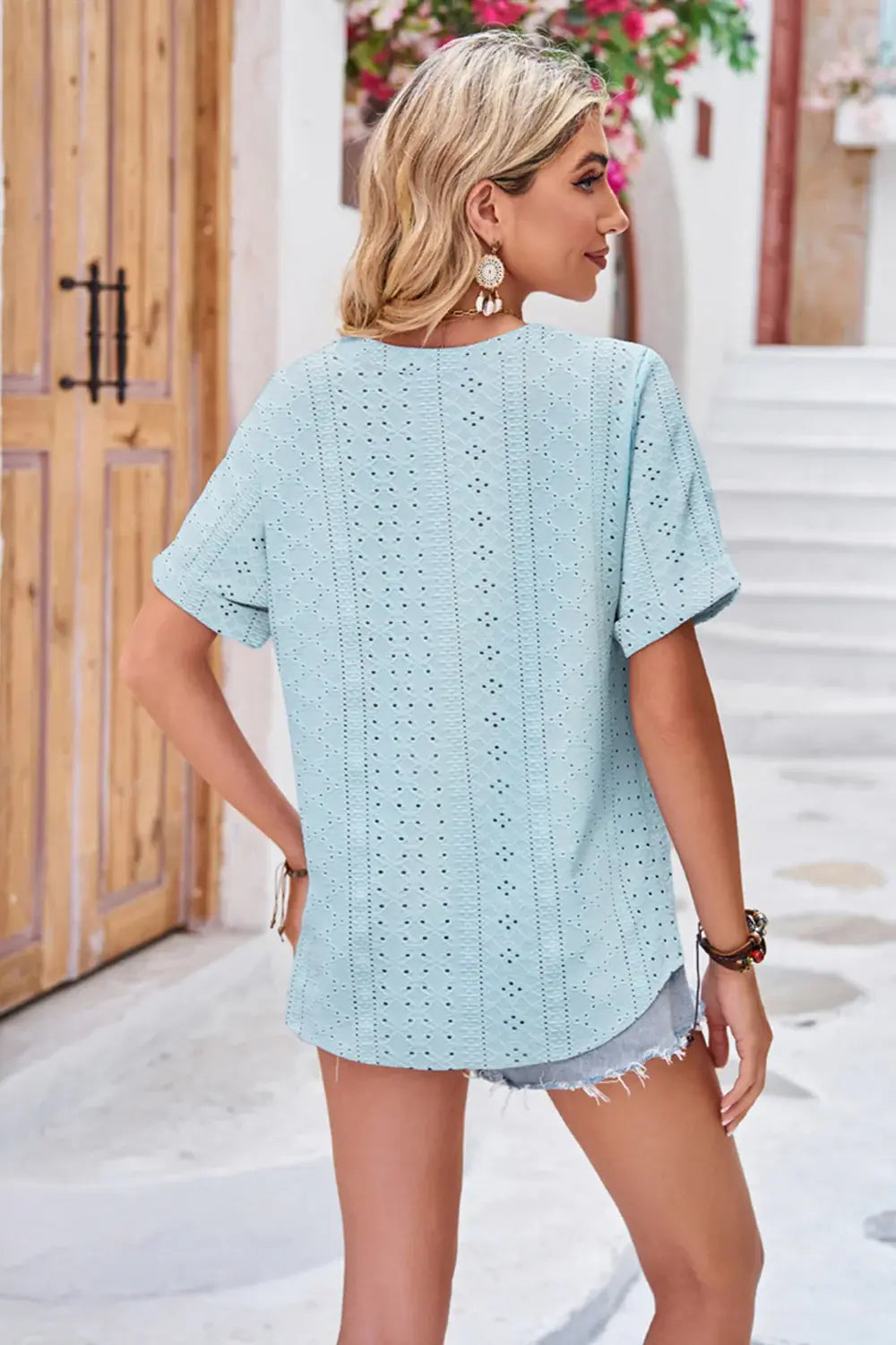 Buttoned Notched Neck Eyelet Top - Trendsi - Flyclothing LLC