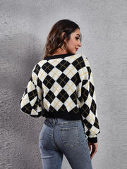 Geometric Button Up Long Sleeve Cardigan - Trendsi