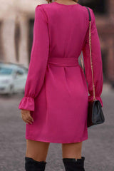 Ruffled Flounce Sleeve V-Neck Belted Dress - Trendsi - Flyclothing LLC