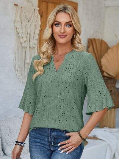 Eyelet Notched Half Sleeve T-Shirt - Trendsi - Flyclothing LLC