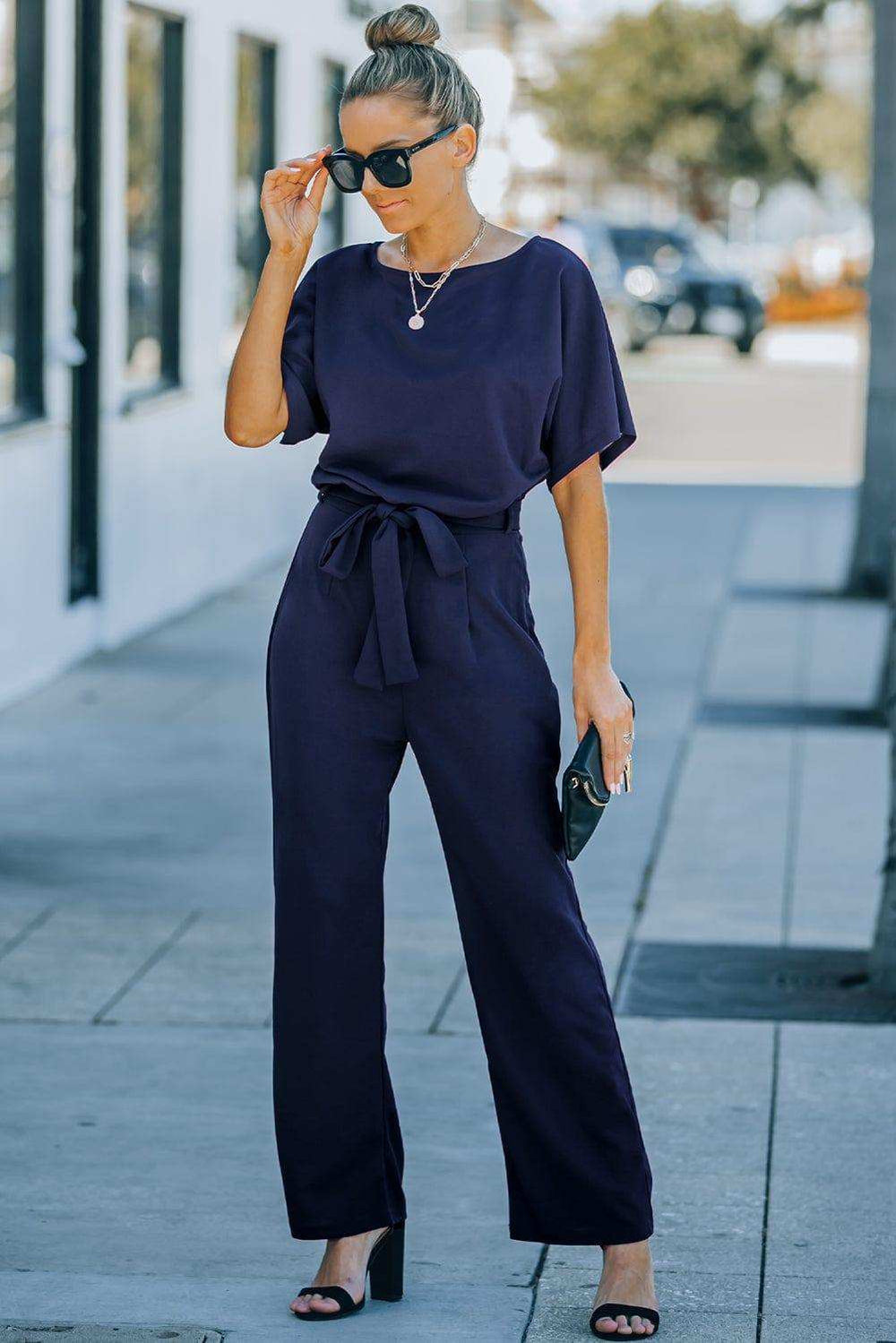Full Size Tie Waist Straight Leg Jumpsuit - Trendsi - Flyclothing LLC