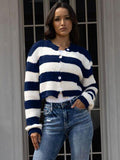 Striped Button Up Dropped Shoulder Cardigan - Trendsi