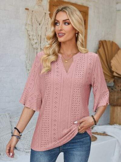 Eyelet Notched Half Sleeve T-Shirt - Trendsi - Flyclothing LLC