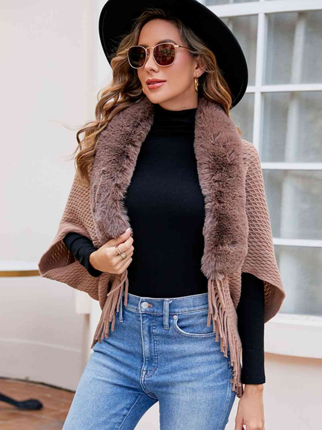 Open Front Fringe Hem Poncho - Trendsi - Flyclothing LLC