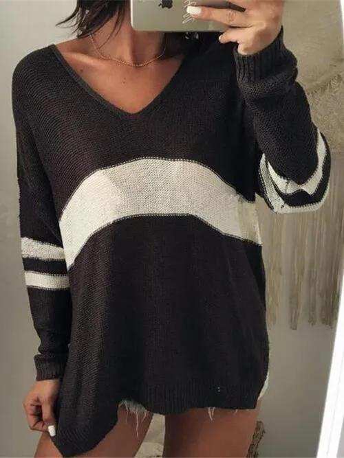 Striped V-Neck Long Sleeve Sweater - Trendsi - Flyclothing LLC