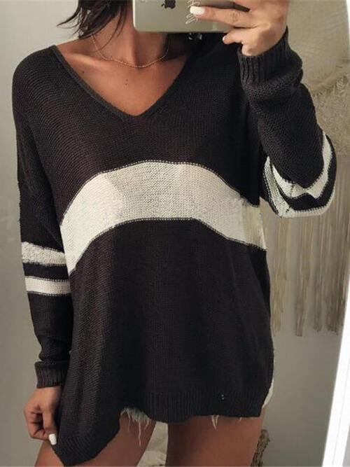 Striped V-Neck Long Sleeve Sweater - Flyclothing LLC