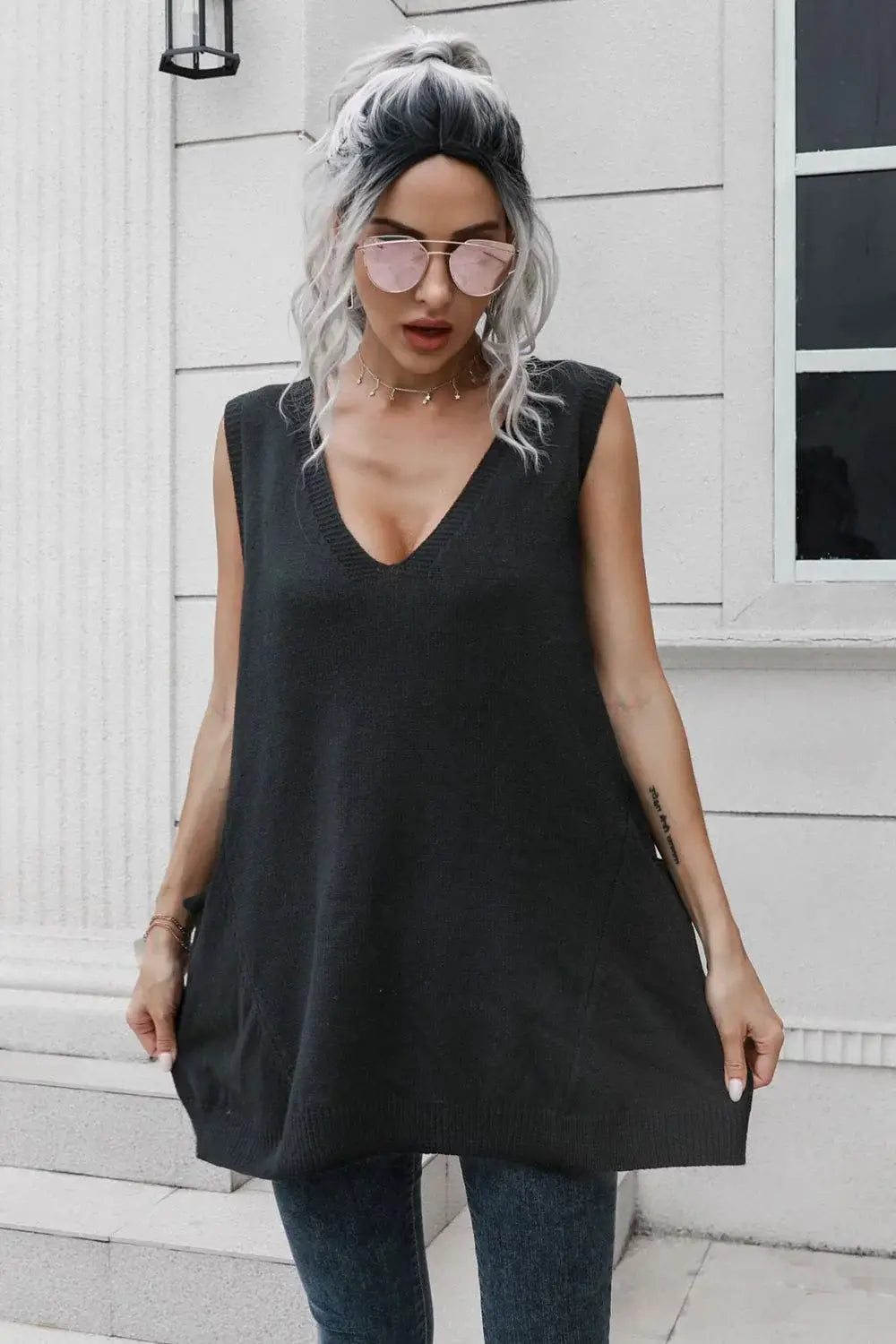 V-Neck Sleeveless Sweater Vest with Pocket - Trendsi - Flyclothing LLC
