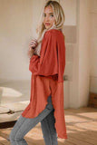 Contrast Texture Round Neck Long Sleeve Blouse - Trendsi - Flyclothing LLC
