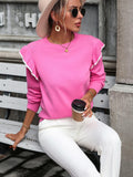 Round Neck Ruffle Trim Long Sleeve Pullover Sweater - Trendsi