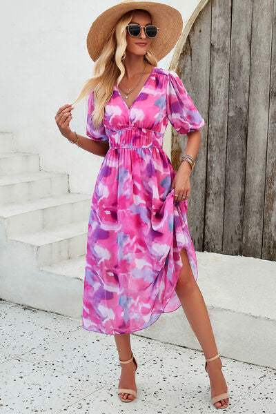 Smocked Printed V-Neck Short Sleeve Dress - Trendsi - Flyclothing LLC