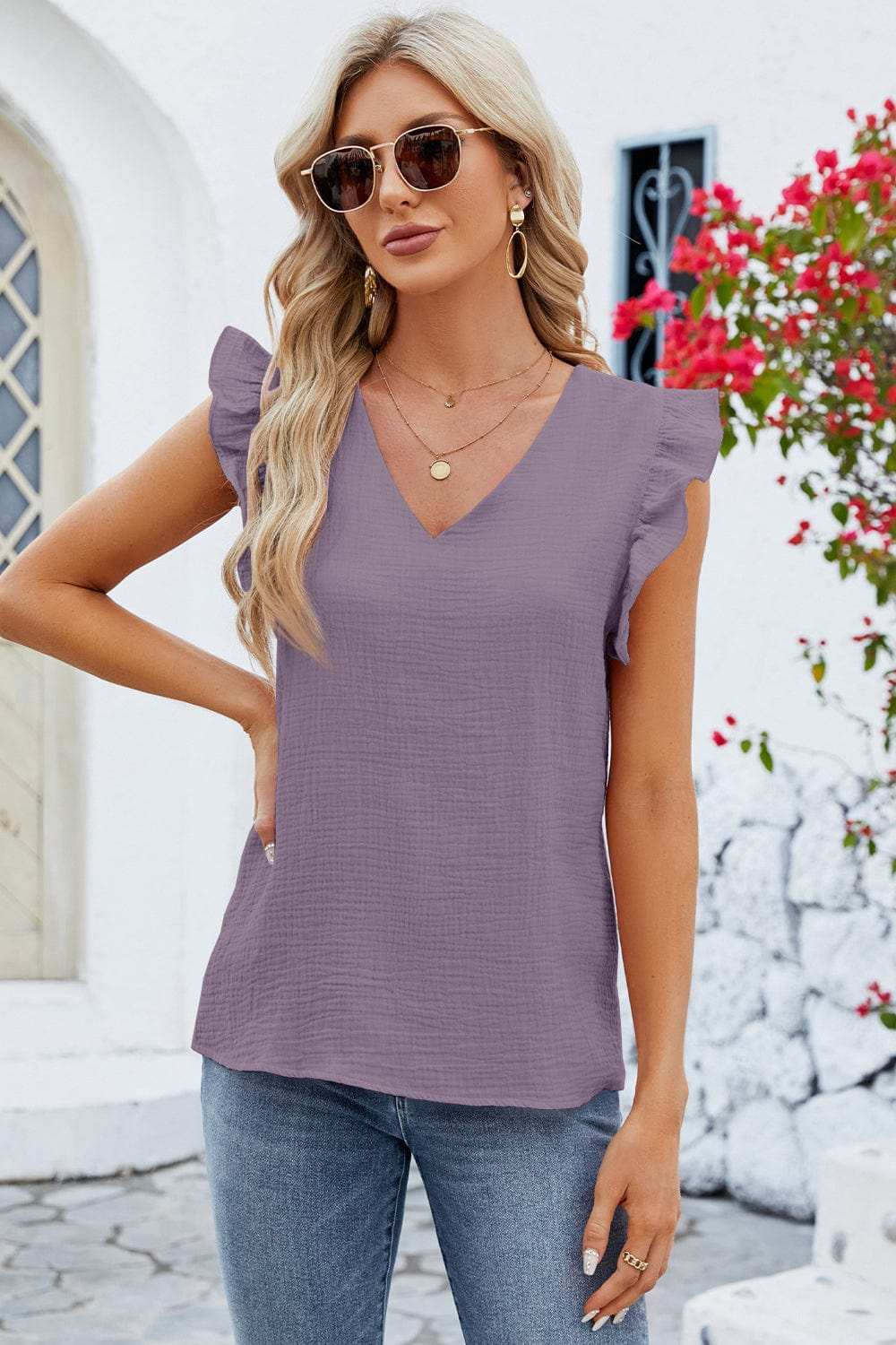 Ruffled V-Neck Cap Sleeve Blouse - Trendsi - Flyclothing LLC