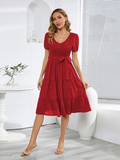 Smocked Tie Front Short Sleeve Tiered Dress - Trendsi - Flyclothing LLC