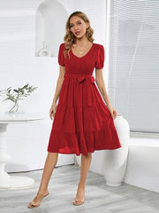 Smocked Tie Front Short Sleeve Tiered Dress - Flyclothing LLC