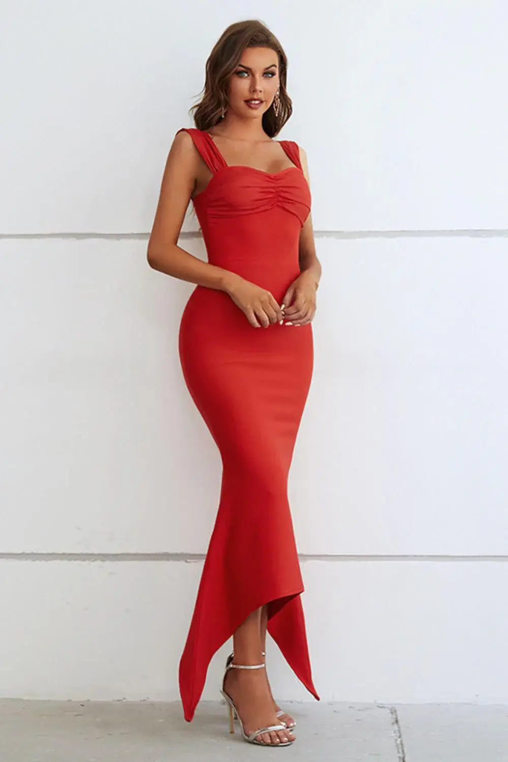 Ruched Sweetheart Neck Hem Detail Dress - Trendsi - Flyclothing LLC