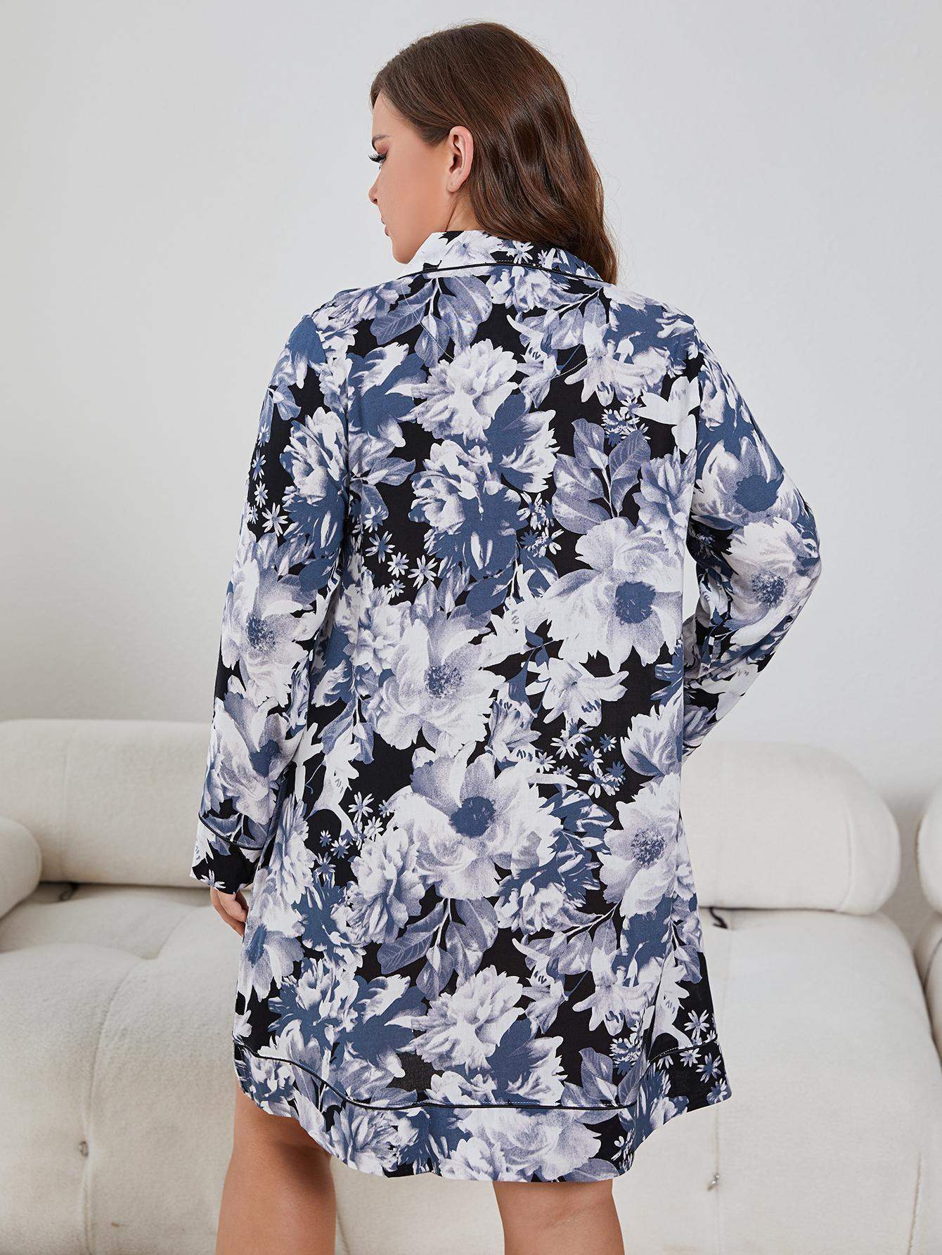 Plus Size Floral Lapel Collar Long Sleeve Night Dress - Trendsi - Flyclothing LLC