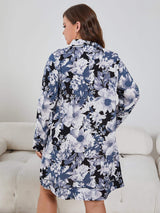 Plus Size Floral Lapel Collar Long Sleeve Night Dress - Trendsi - Flyclothing LLC