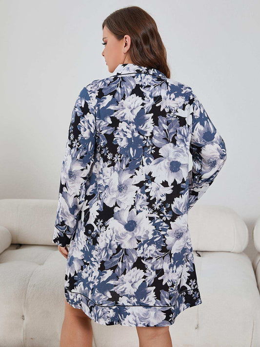 Plus Size Floral Lapel Collar Long Sleeve Night Dress - Trendsi - Flyclothing LLC