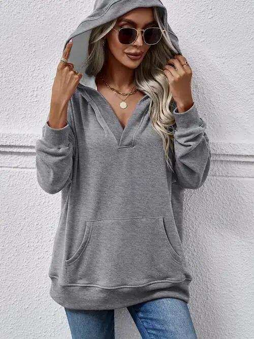 V-Neck Drop Shoulder Long Sleeve Hoodie - Trendsi - Flyclothing LLC