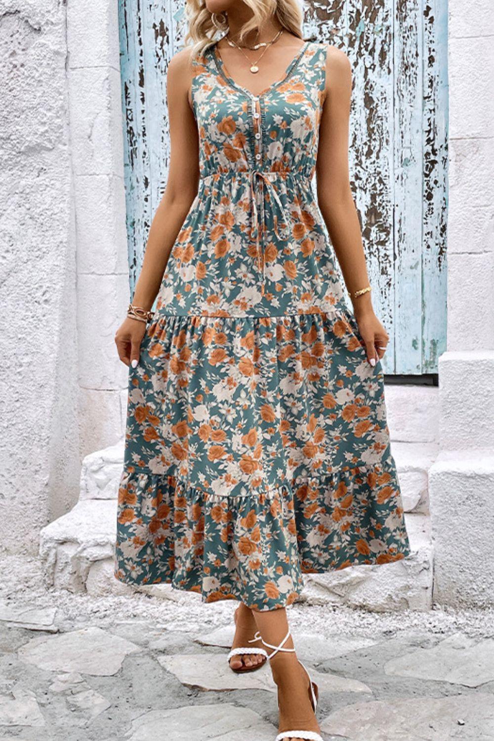 Floral V-Neck Tiered Sleeveless Dress - Trendsi
